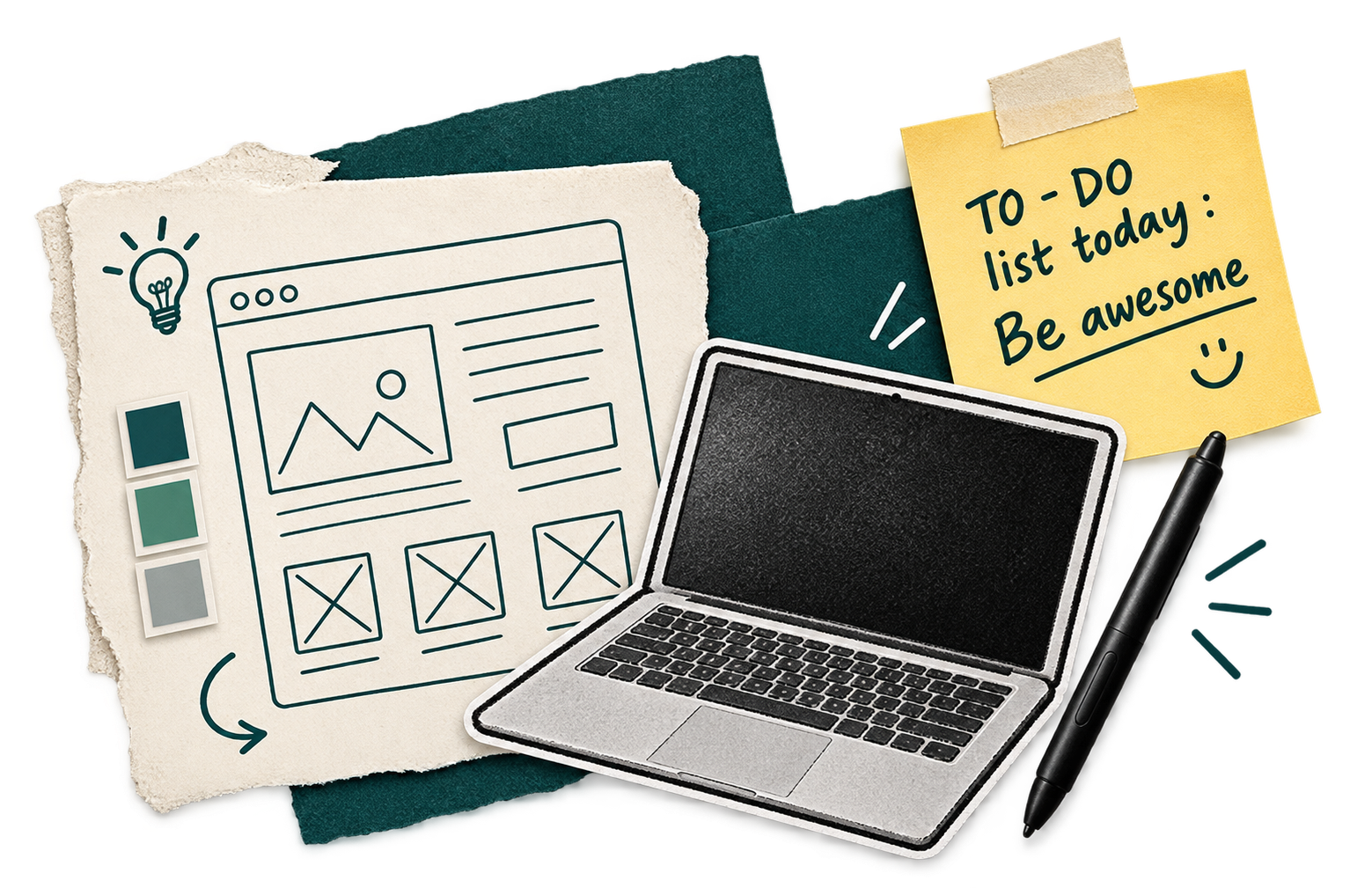Design process collage — wireframes, laptop, notes and pen